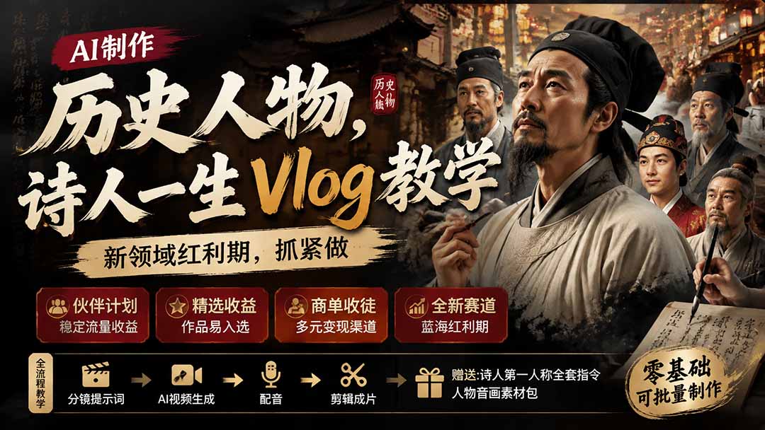 历史人物，诗人一生Vlog教学， AI制作丨伙伴计划丨精选收益丨商单收徒 ，新领域红利期，抓紧做-轻资本网