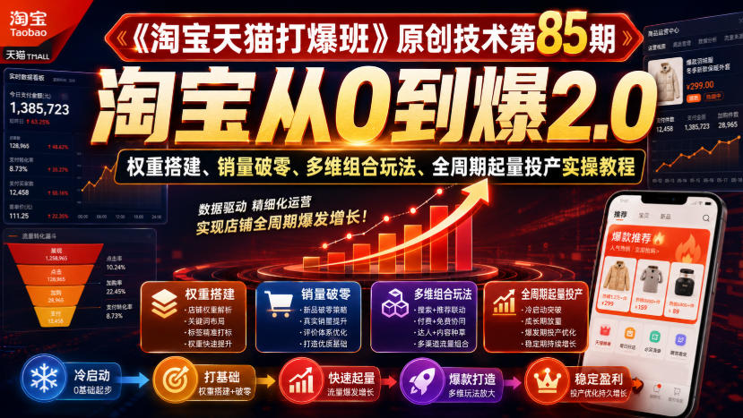 《淘宝天猫打爆班》原创技术第85期，淘宝从0到爆2.0，权重搭建、销量破零、多维组合玩法、全周期起量投产实操教程-轻资本网