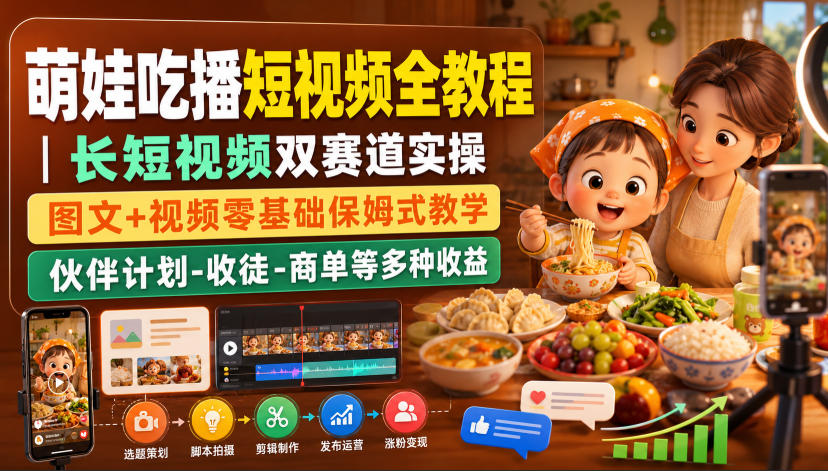 萌娃吃播短视频全教程｜长短视频双赛道实操，图文+视频零基础保姆式教学，伙伴计划-收徒-商单等多种变现方式-轻资本网