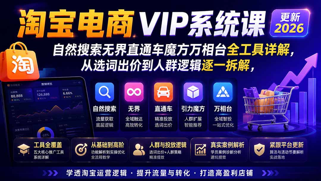 图片[1]-淘宝电商VIP系统课-更新8月；自然搜索无界直通车魔方万相台全工具详解，从选词出价到人群逻辑逐一拆解-轻资本网