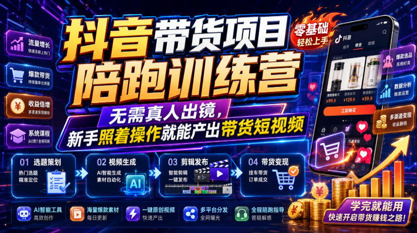 抖音带货项目陪跑训练营，无需真人出镜，新手照着操作就能产出带货短视频(更新0811)-轻资本网
