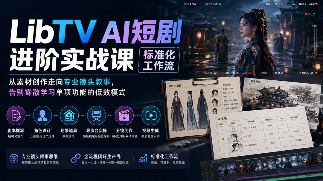 LibTV AI短剧进阶实操课标准化工作流；从素材创作走向专业镜头叙事，告别零散学习单项功能的低效模式-轻资本网