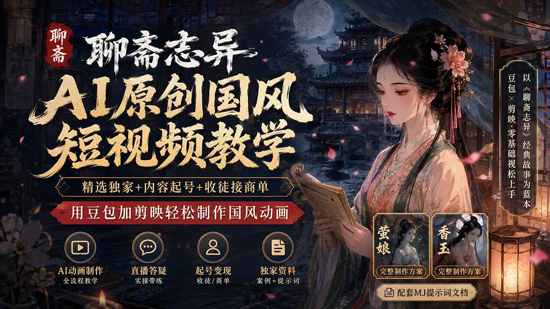 聊斋志异AI原创国风短视频教学；精选独家+内容起号+收徒接商单，用豆包加剪映轻松制作国风动画-轻资本网