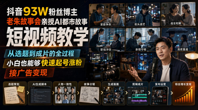 抖音93W粉丝博主老朱故事会亲授AI都市故事短视频教学，从选题到成片的全过程，小白也能够快速起号涨粉接广告变现-轻资本网
