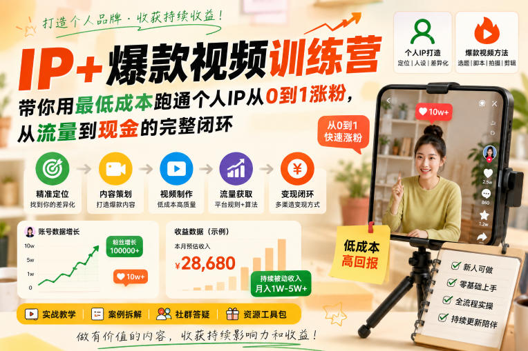 IP+爆款视频训练营，带你用最低成本跑通个人IP从0到1涨粉，从流量到现金的完整闭环-轻资本网