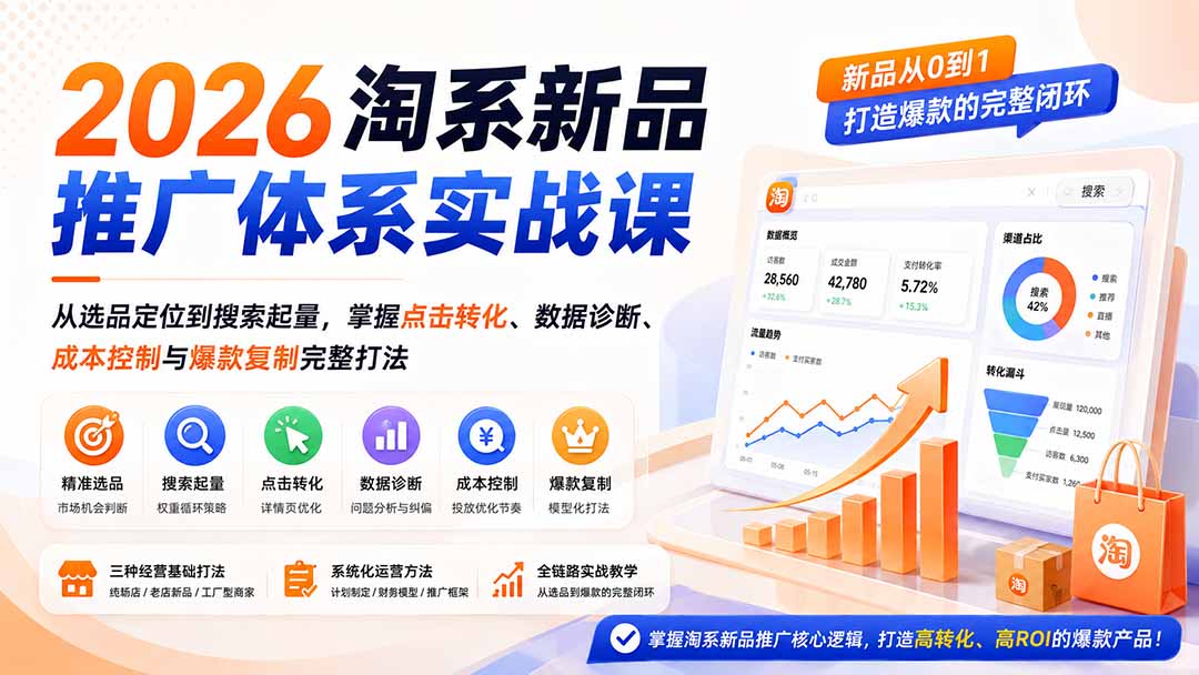 2026淘系新品推广体系实战课：从选品定位到搜索起量，掌握点击转化、数据诊断、成本控制与爆款复制完整打法-轻资本网