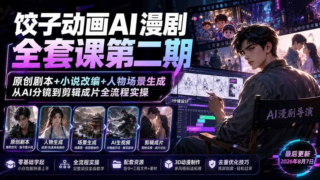 饺子动画AI漫剧全套课第二期：原创剧本+小说改编+人物场景生成，从AI分镜到剪辑成片全流程实操-轻资本网