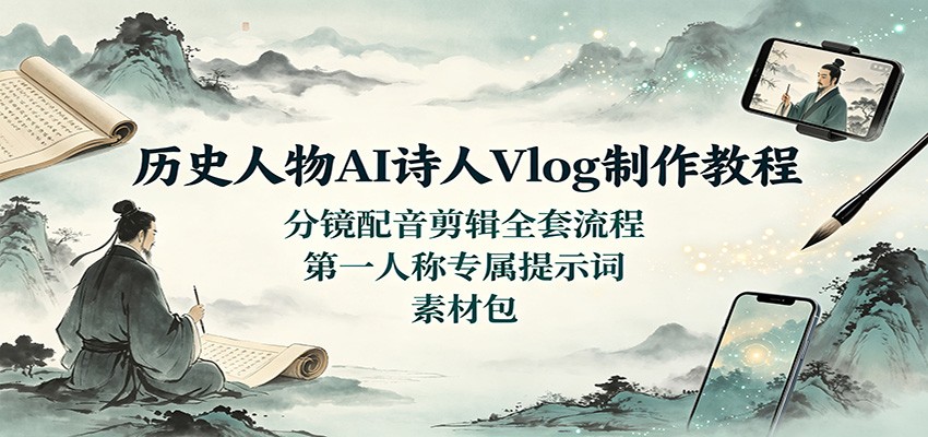 历史人物AI诗人Vlog制作教程：分镜配音剪辑全套流程，第一人称专属提示词素材包-轻资本网