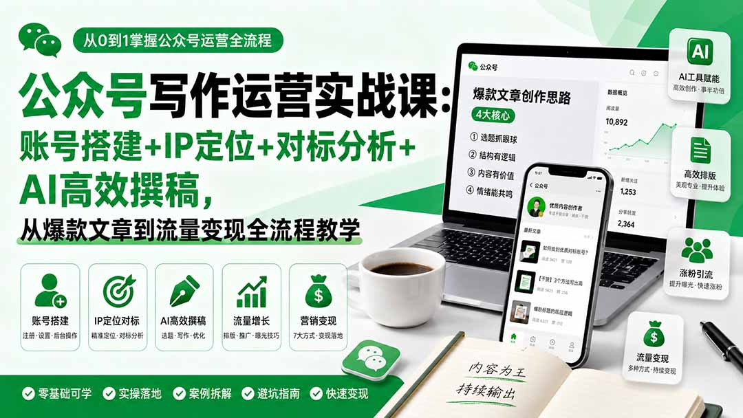 公众号写作运营实战课：账号搭建+IP定位+对标分析+AI高效撰稿，从爆款文章到流量变现全流程教学-轻资本网