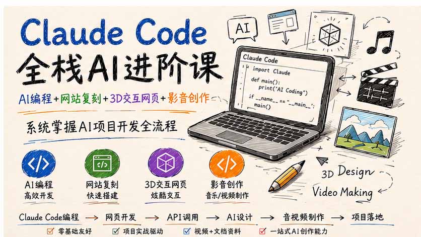 Claude Code全栈AI进阶课；AI编程+网站复刻+3D交互网页+影音创作，系统掌握AI项目开发全流程-轻资本网