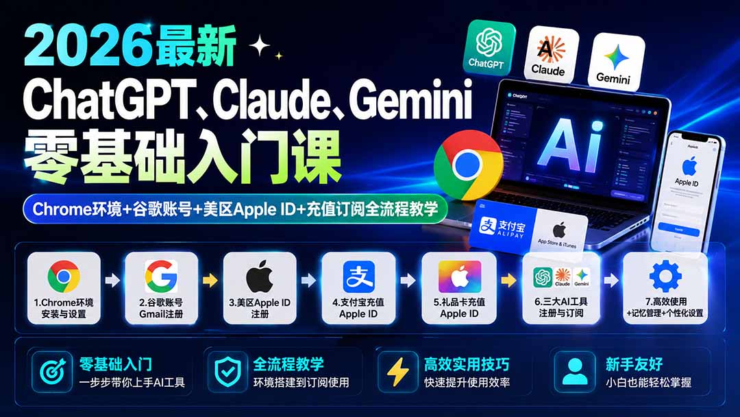 2026最新ChatGPT、Claude、Gemini零基础入门课：Chrome环境+谷歌账号+美区Apple ID+充值订阅全流程教学-轻资本网