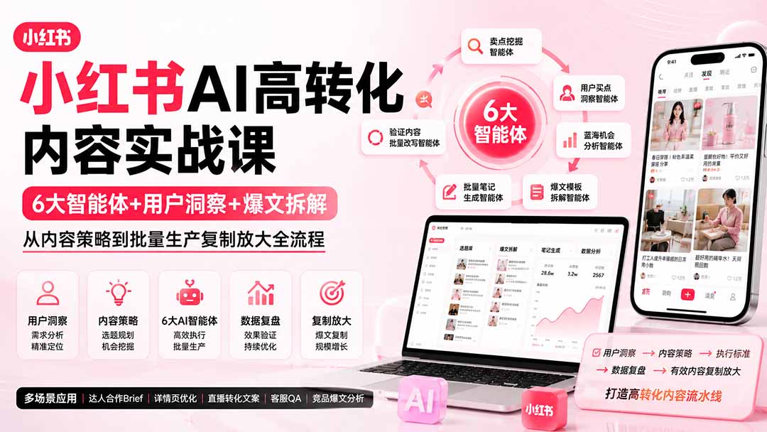 小红书AI高转化内容实战课：6大智能体+用户洞察+爆文拆解，从内容策略到批量生产复制放大全流程-轻资本网