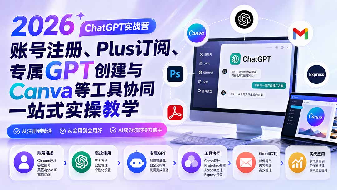 2026 ChatGPT实战营；账号注册、Plus订阅、专属GPT创建与Canva等工具协同一站式实操教学-轻资本网