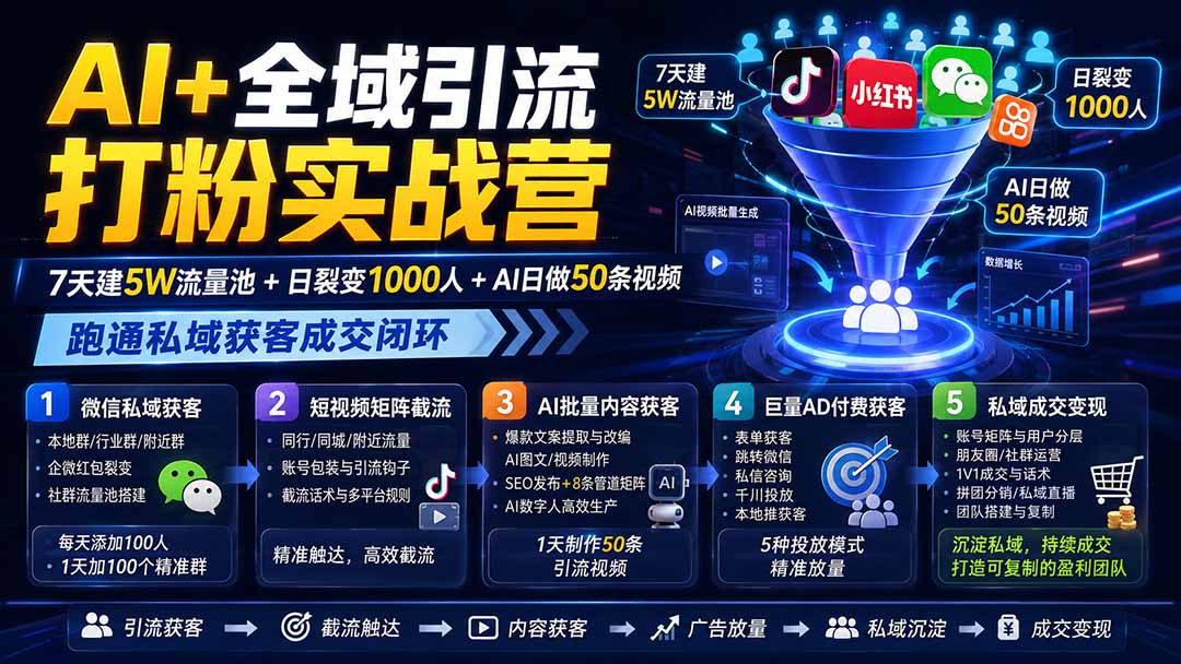 AI+全域引流打粉实战营：7天建5W流量池+日裂变1000人+AI日做50条视频，跑通私域获客成交闭环-轻资本网