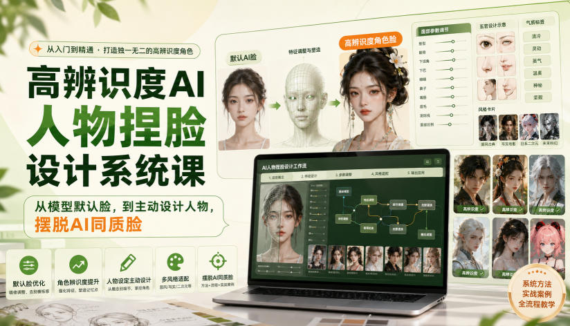 高辨识度AI人物捏脸设计系统课，从模型默认脸，到主动设计人物，摆脱AI同质脸-轻资本网