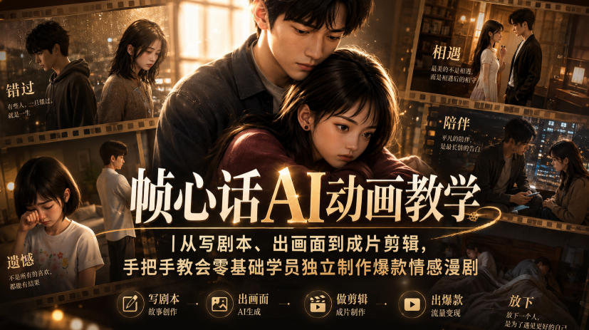 帧心话AI动画教学｜从写剧本、出画面到成片剪辑，手把手教会零基础学员独立制作爆款情感漫剧-轻资本网