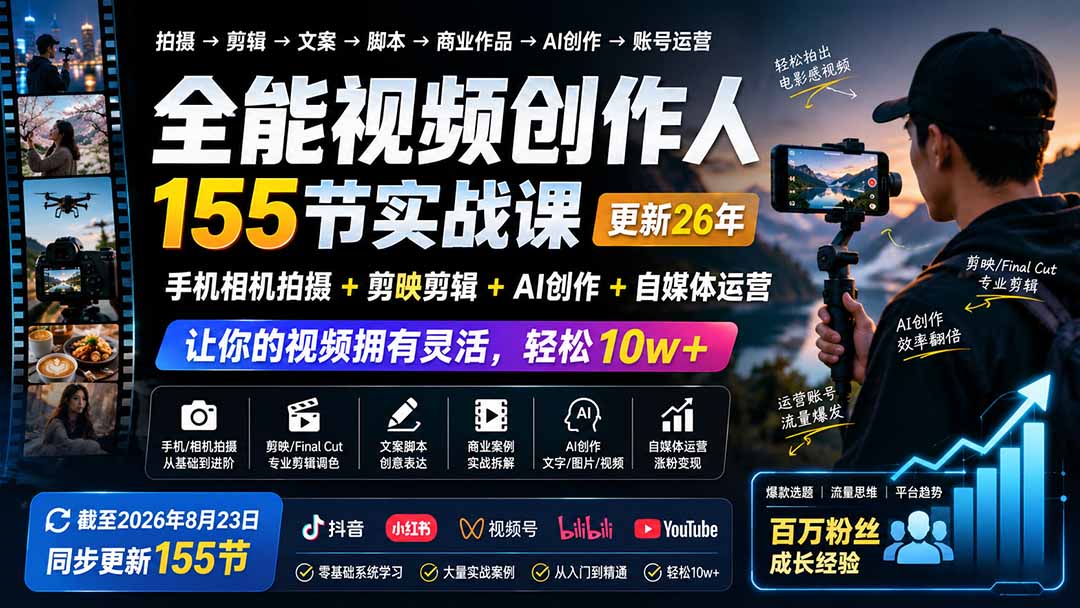 全能视频创作人155节实战课-更新26年8月：手机相机拍摄+剪映剪辑+AI创作+自媒体运营，让你的视频拥有灵活，轻松10w-轻资本网