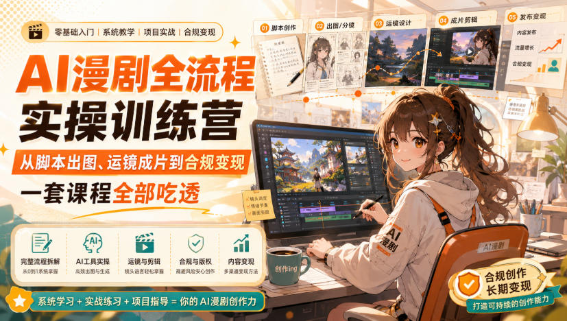 AI漫剧全流程实操训练营，从脚本出图、运镜成片到合规变现，一套课程全部吃透-轻资本网