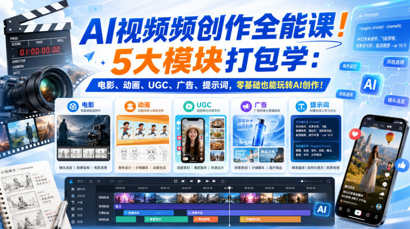 AI视频频创作全能课！5大模块打包学：电影、动画、UGC、广告、提示词，零基础也能玩转AI创作！【原创双语字幕】-轻资本网