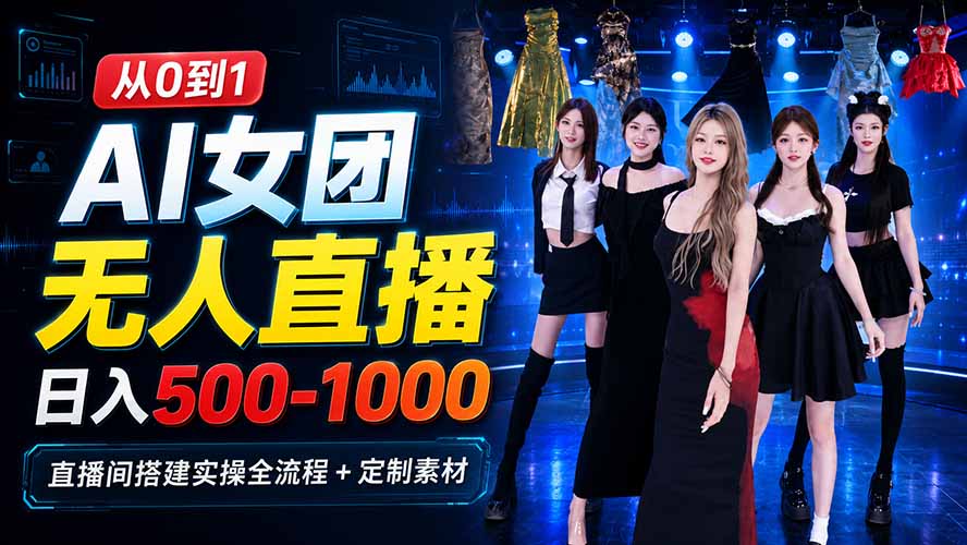 AI 女团无人直播，躺入500-1000每天，直播间搭建实操全流程+定制素材-轻资本网