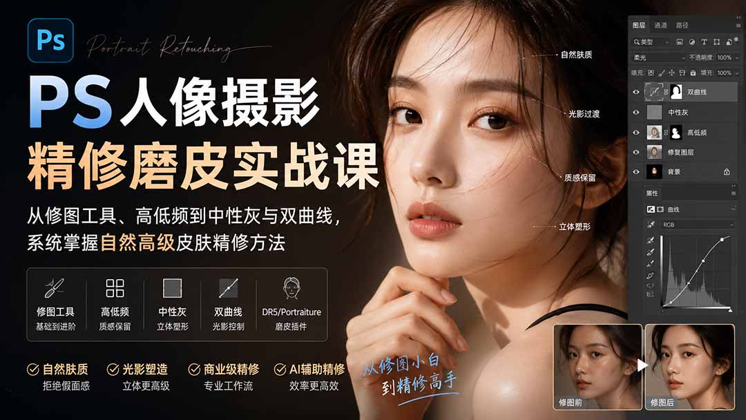 PS人像摄影精修磨皮实战课：从修图工具、高低频到中性灰与双曲线，系统掌握自然高级皮肤精修方法-轻资本网