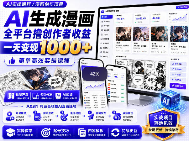 AI生成漫画全平台撸创作者收益内部课程，实操最高单日变现1k+-轻资本网