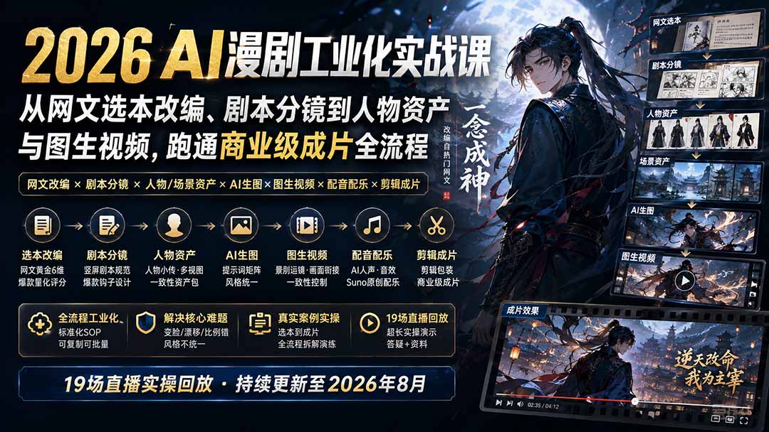 2026 AI漫剧工业化实战课-更新：从网文选本改编、剧本分镜到人物资产与图生视频，跑通商业级成片全流程-轻资本网