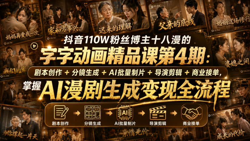 抖音110W粉丝博主十八漫的字字动画精品课第4期：剧本创作+分镜生成+剪辑+商业接单，掌握AI漫剧生成变现全流程-轻资本网