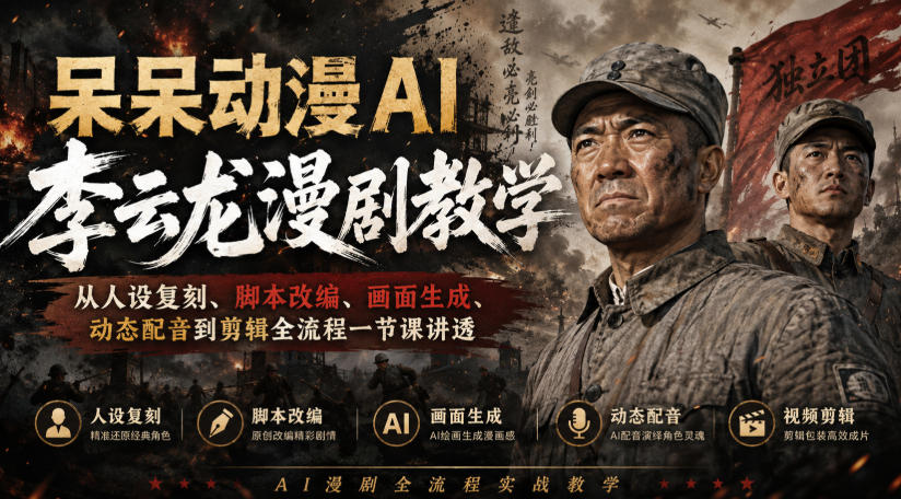 呆呆动漫AI李云龙漫剧教学，从人设复刻、脚本改编、画面生成、动态配音到剪辑全流程一节课讲透-轻资本网