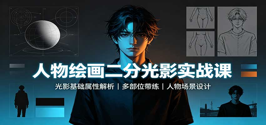 人物绘画二分光影实战课：光影基础属性解析，多部位带练，人物场景设计-轻资本网