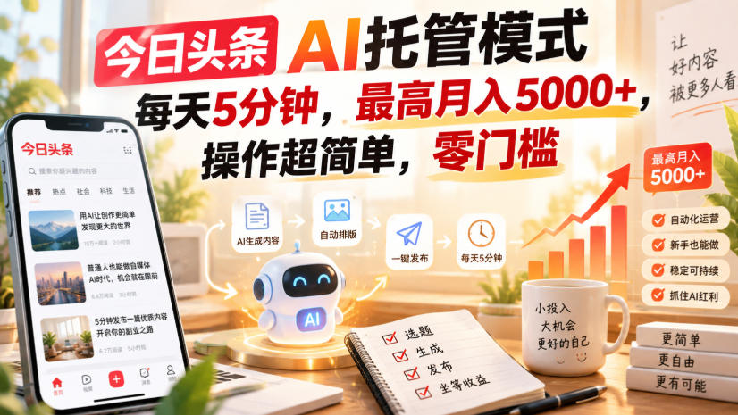 今日头条AI托管模式，每天5分钟，最高月入5000+，操作超简单，零门槛【揭秘】-轻资本网