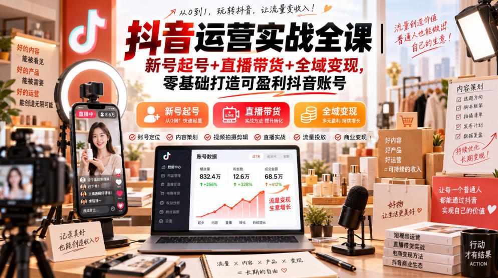 抖音运营实战全课｜新号起号+直播带货+全域变现，零基础打造可盈利抖音账号-轻资本网