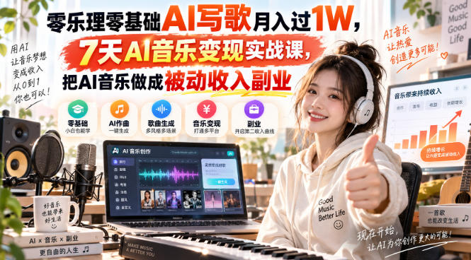 零乐理零基础AI写歌月入过1W，7天AI音乐变现实战课，把AI音乐做成被动收入副业-轻资本网