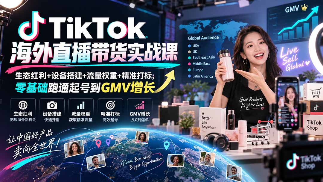 TikTok海外直播带货实战课｜生态红利+设备搭建+流量权重+精准打标，零基础跑通起号到GMV增长-轻资本网