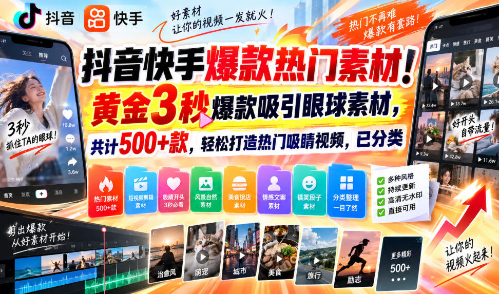 抖音快手爆款热门素材！黄金3秒爆款吸引眼球素材，共计500+款，轻松打造热门吸睛视频，已分类-轻资本网