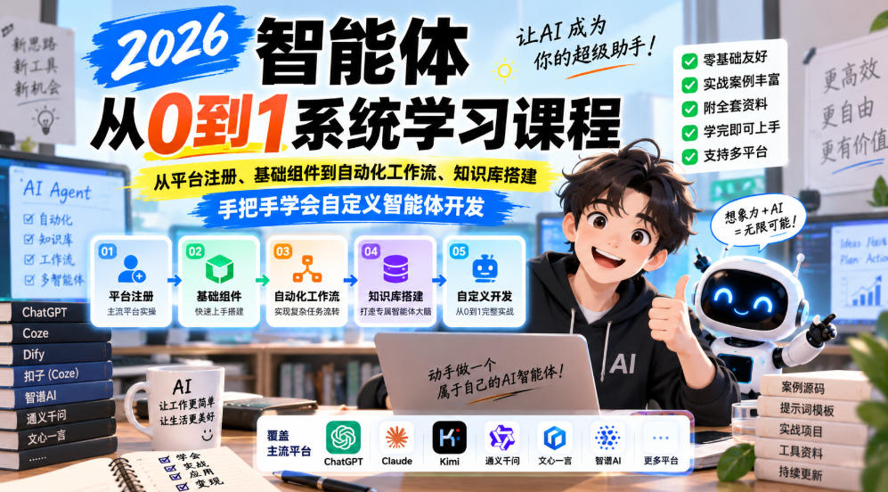 2026智能体从0到1系统学习课程，从平台注册、基础组件到自动化工作流、知识库搭建，手把手学会自定义智能体开发-轻资本网
