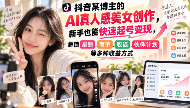 抖音某博主的AI真人感美女创作，新手也能快速起号变现，解锁星图，商单，收徒，伙伴计划等多种收益方式-轻资本网