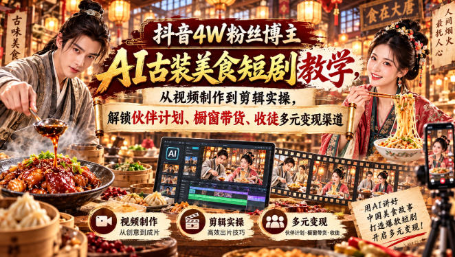抖音4W粉丝博主AI古装美食短剧教学，从视频制作到剪辑实操，解锁伙伴计划、橱窗带货、收徒多元变现渠道-轻资本网