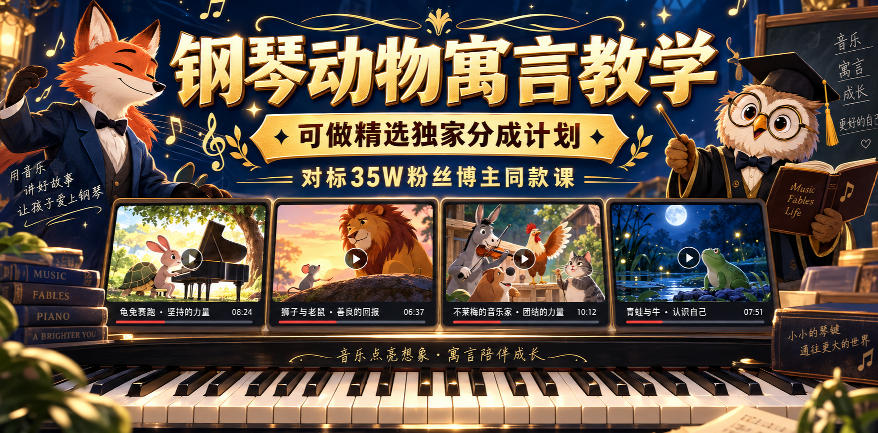 钢琴动物寓言教学，可做精选独家分成计划，对标35W粉丝博主同款课-轻资本网