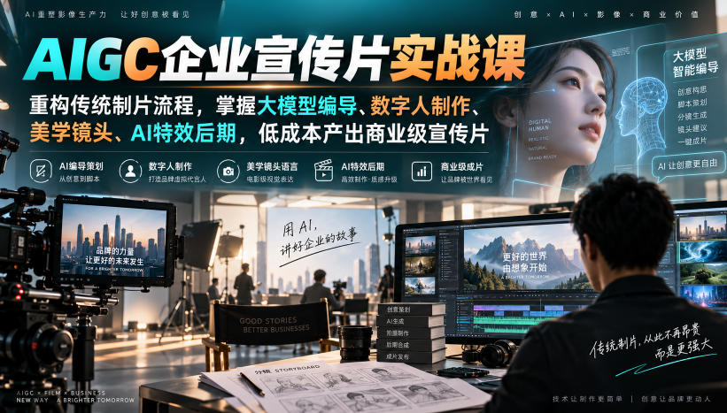 AIGC企业宣传片实战课，重构传统制片流程，掌握大模型编导、数字人制作、美学镜头、AI特效后期，低成本产出商业级宣传片-轻资本网