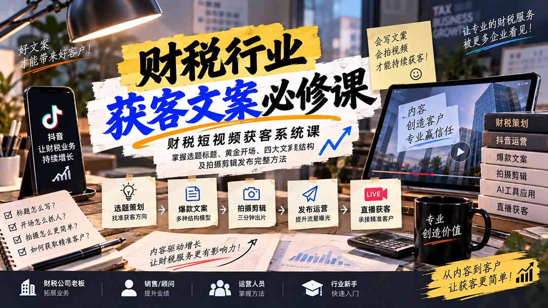 财税短视频获客系统课：掌握选题标题、黄金开场、四大文案结构及拍摄剪辑发布完整方法-轻资本网