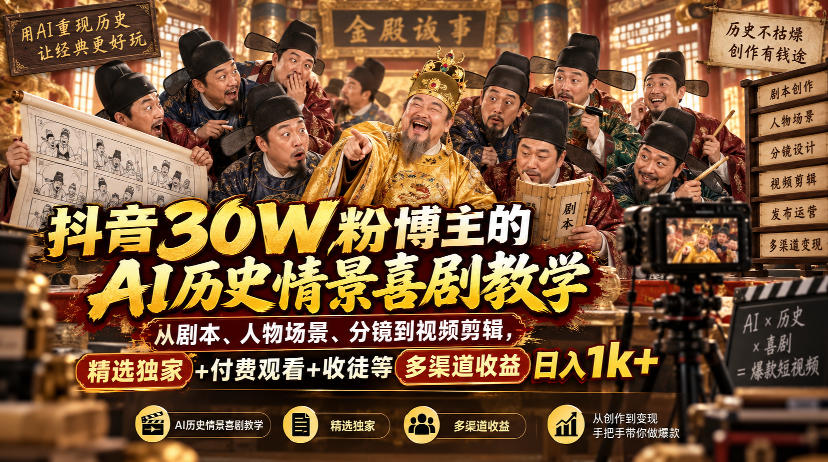 抖音30W粉博主的AI历史情景喜剧教学，从剧本、人物场景、分镜到视频剪辑，精选独家+付费观看+收徒等多渠道收益日入1k+-轻资本网