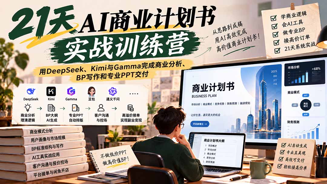 【无水印】21天AI商业计划书实战训练营：用DeepSeek、Kimi与Gamma完成商业分析、BP写作和专业PPT交付-轻资本网
