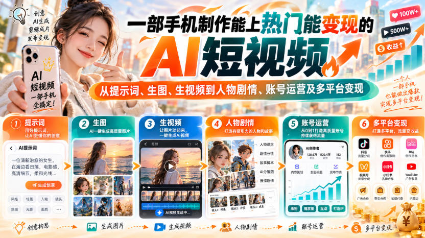 【无水印】一部手机制作能上热门能变现的AI短视频，从提示词、生图、生视频到人物剧情、账号运营及多平台变现-轻资本网