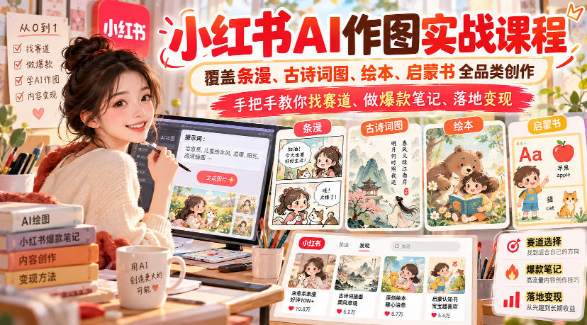 小红书AI作图实战课程，覆盖条漫、古诗词图、绘本、启蒙书全品类创作，手把手教你找赛道、做爆款笔记、落地变现-轻资本网