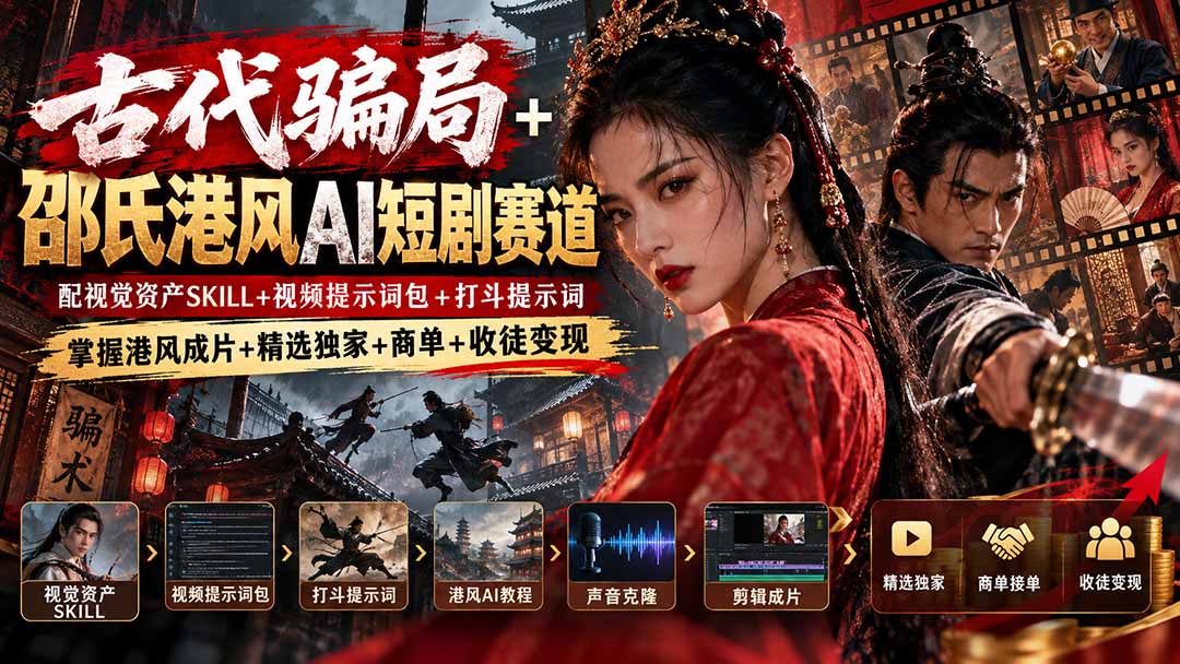 古代骗局+邵氏港风AI短剧赛道：配视觉资产SKILL+视频提示词包+打斗提示词，掌握港风成片+精选独家+商单+收徒变现-轻资本网