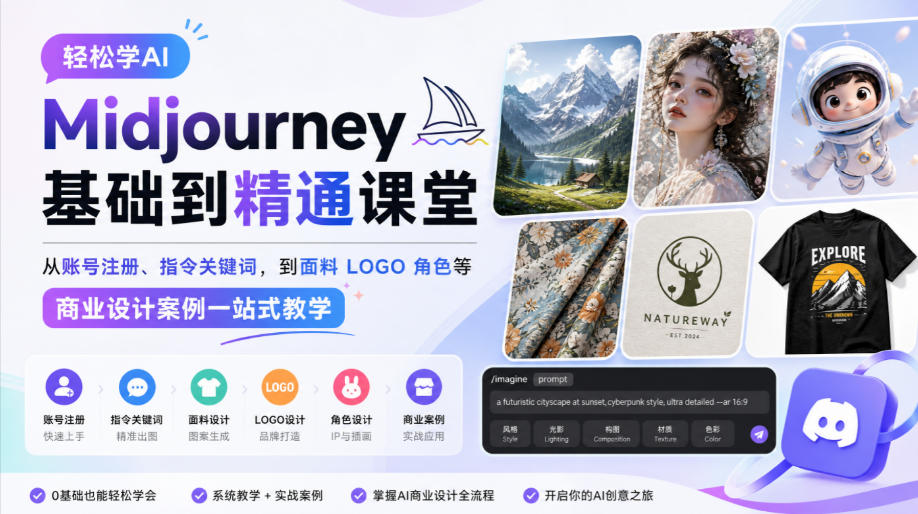 轻松学AI Midjourney基础到精通课堂，从账号注册、指令关键词，到面料LOGO角色等商业设计案例一站式教学-轻资本网