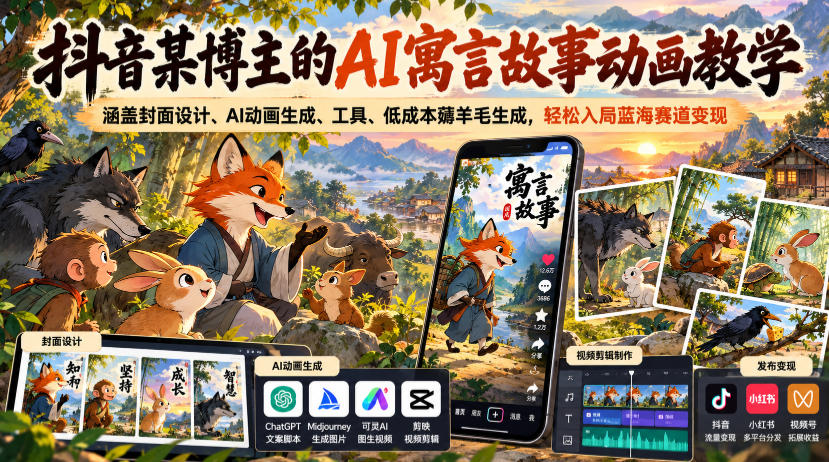 抖音某博主的AI寓言故事动画教学，涵盖封面设计、AI动画生成、工具、低成本薅羊毛生成，轻松入局蓝海赛道变现-轻资本网