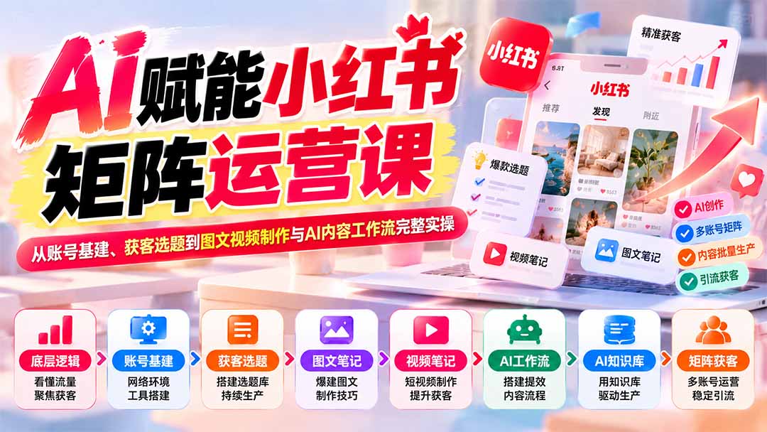 AI赋能小红书矩阵运营课：从账号基建、获客选题到图文视频制作与AI内容工作流完整实操-轻资本网