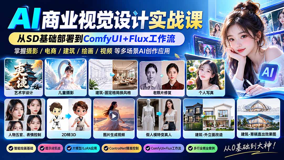【无水印】AI商业视觉设计实战课：从SD基础部署到ComfyUI+Flux工作流，掌握摄影电商建筑AI创作-轻资本网